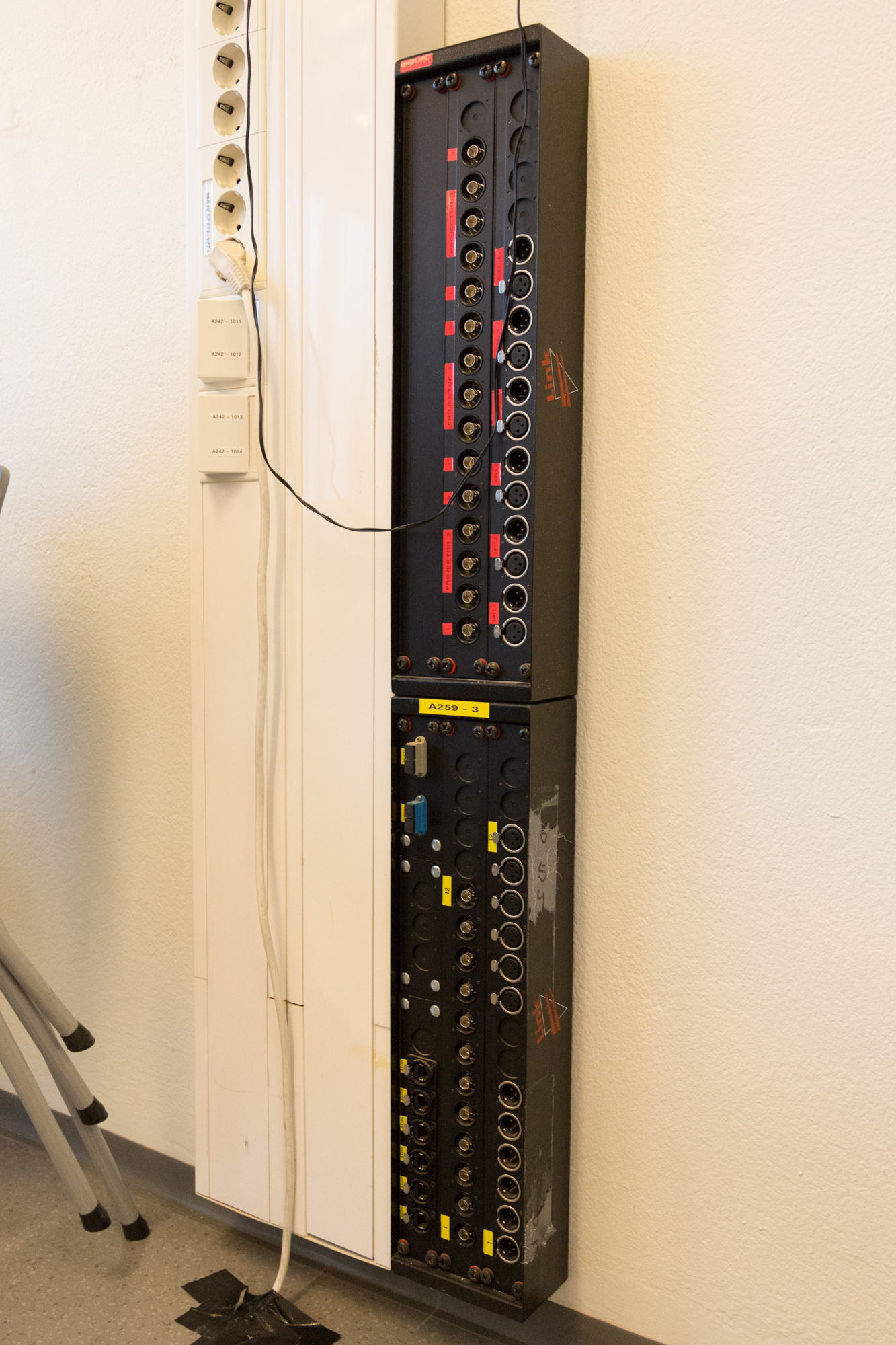 Panel for tilkobling til utstyr via XLR og BNC og noe fiber. Panelene møtes i patchefelt i et rom ved siden av dette rommet.