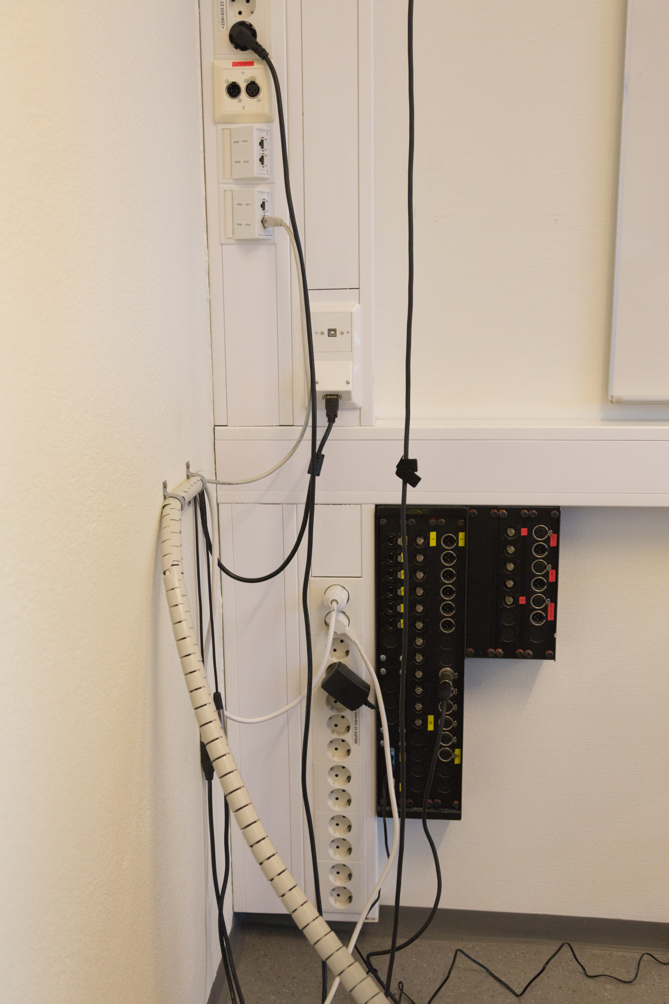 Tilkoblingspunkter ved siden av talerstol i rommet.